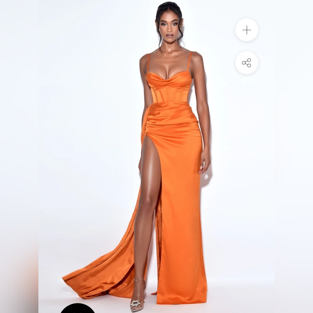 Miss Circle Elayna Orange Strappy Satin Corset High Slit Gown